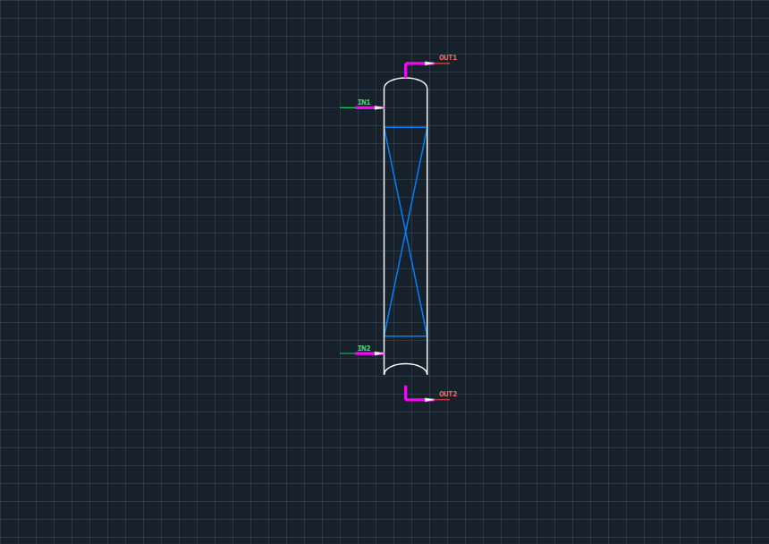 Aspen FlowSim CAD 图框内的填料塔和工艺端口预览